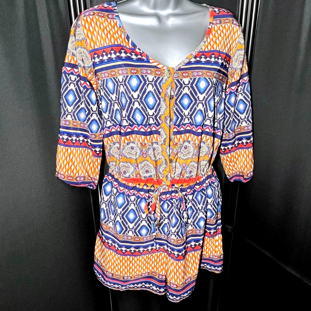 Vintage W BeBop Boho Festival Romper Tribal Print Drawstring Waist Size S‎ Retro